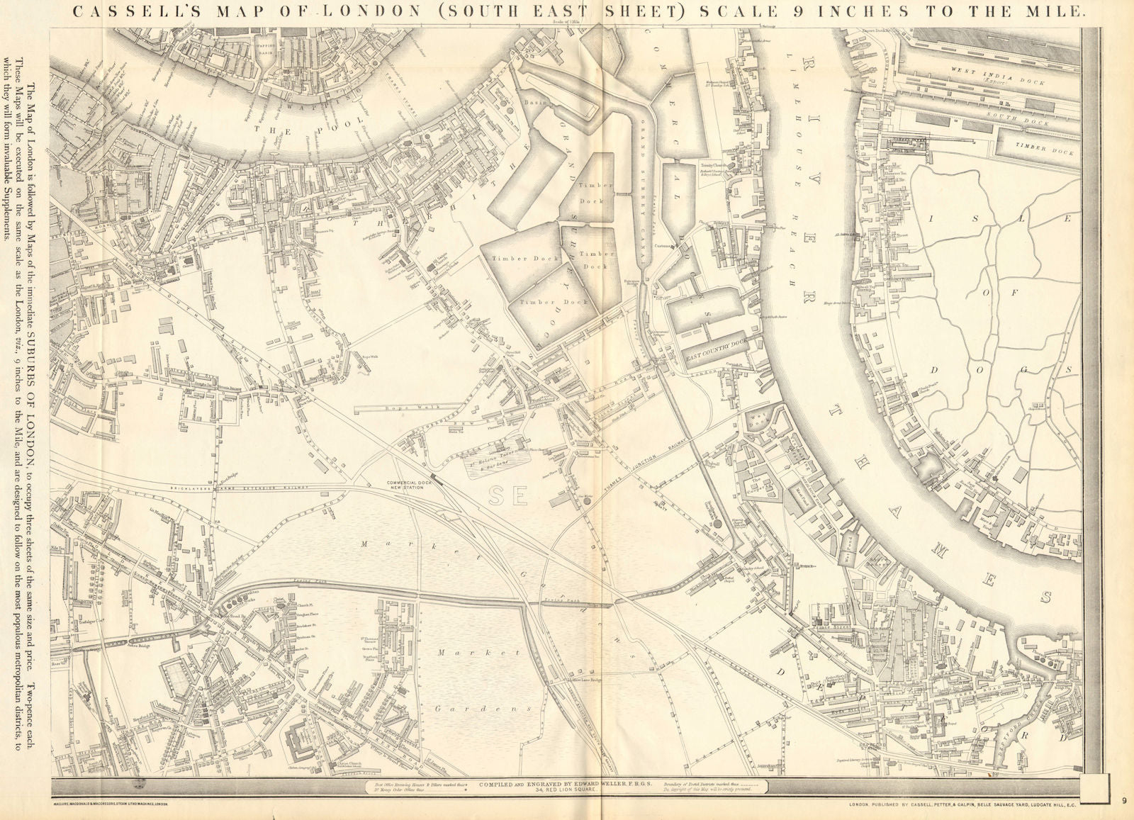 'CASSELLS LONDON SE. Rotherhithe Bermondsey Deptford Peckham. WELLER 1863 map